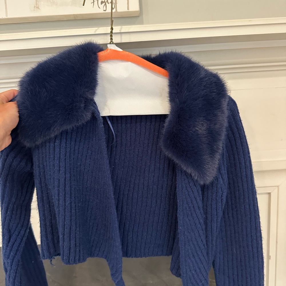 Zara Navy Knit Cardigan with Faux Fur Trim